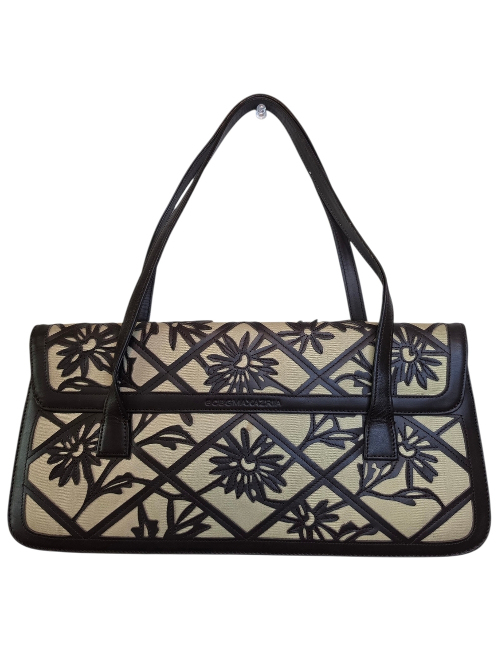 BCBGMAXAZRIA Vintage Floral Cutout Leather Canvas Satchel - Picture 3 of 6